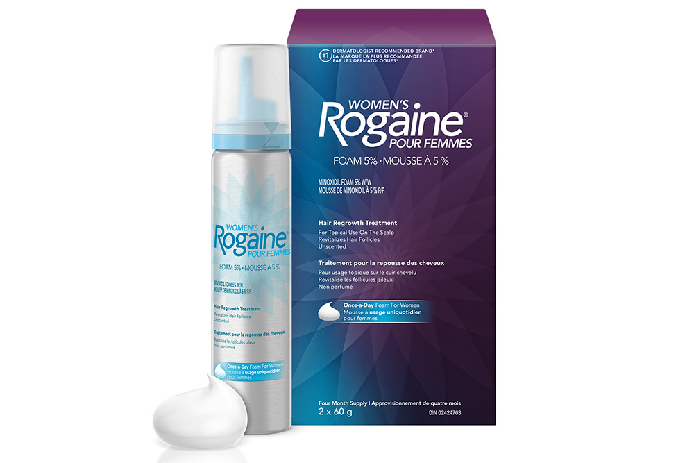 womens ROGAINE® hair regrowth treatment box with spray can